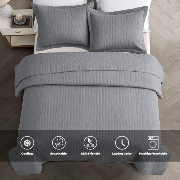 Maple & Stone King Quilt Set - Gray - 3 Piece Set - Picture 2 of 6